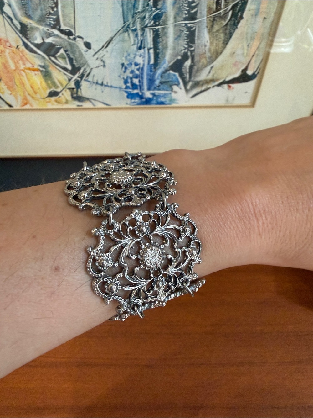 Vintage Silver Floral Filigree Bracelet - Silver Tone - Picture 6 of 9